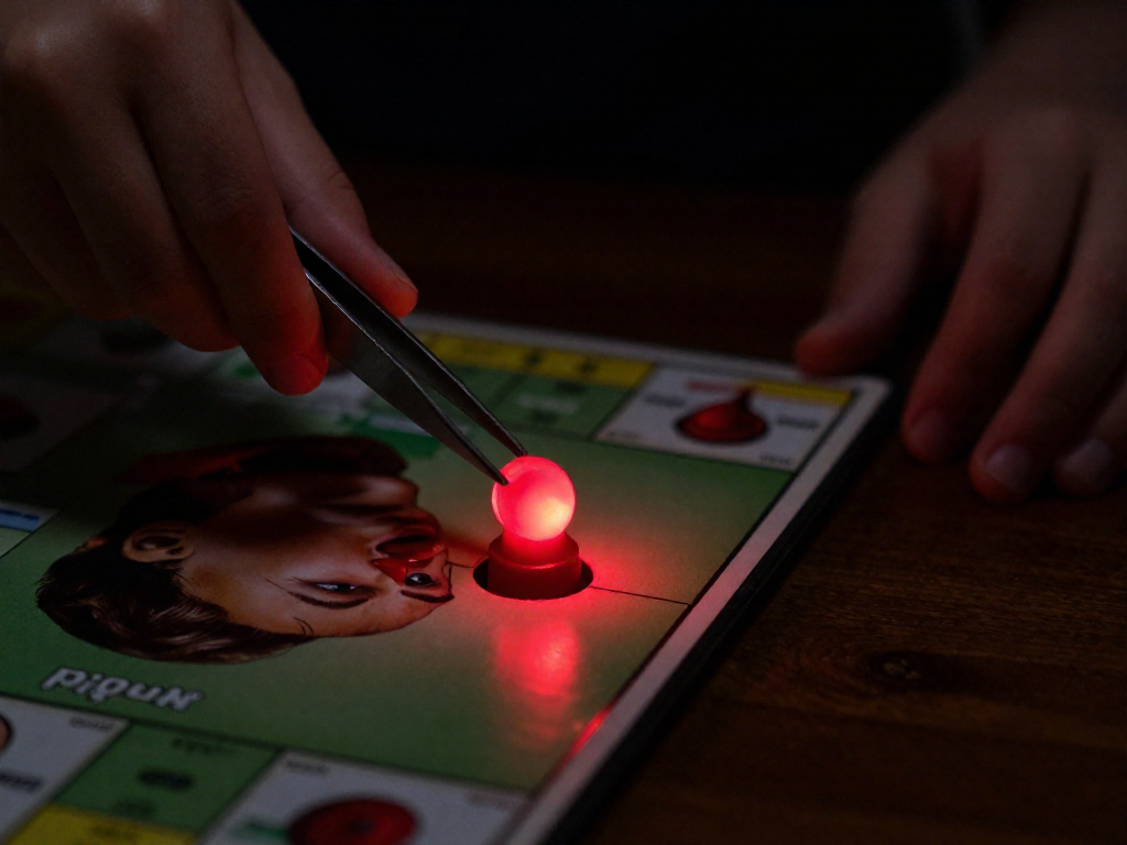 Close-up of a hand holding metal tweezers over the glowing red nose of the Operation board game, with the buzzer light illuminated.