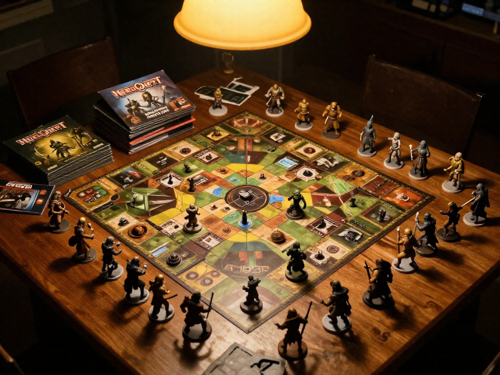 Overhead view of a HeroQuest board game fully set up on a wooden table with miniatures, dungeon tiles, and expansion packs spread out.