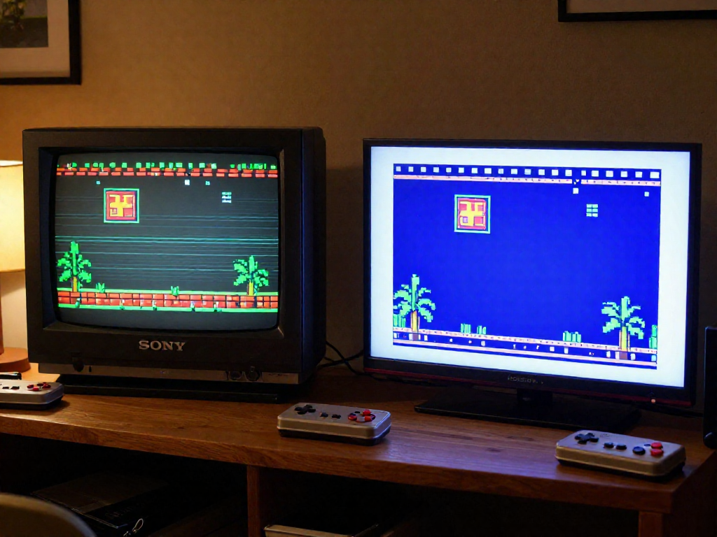 Two televisions side by side displaying the same retro game. The CRT on the left has softer, richer colors and scanlines; the modern screen on the right shows sharper, blockier graphics.