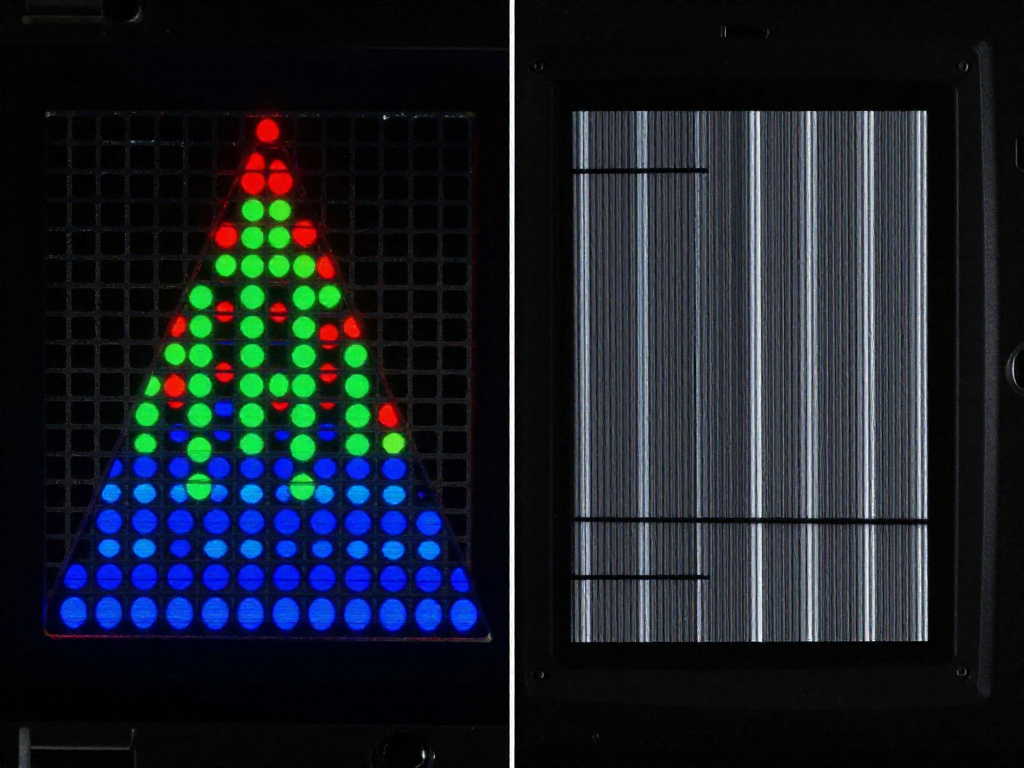 Magnified comparison of two CRT screen types: on left, a shadow mask with dot triads; on right, an aperture grille with vertical stripes and thin horizontal wires.