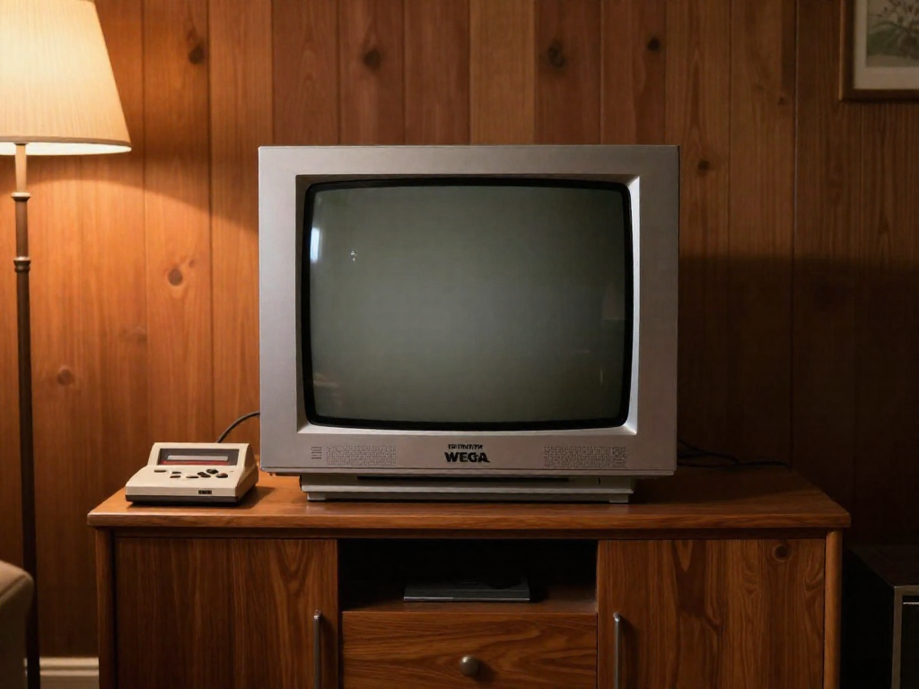 A flat-screen silver FD Trinitron CRT television on a wooden console in a dim, warmly lit room, with a retro game console and controller placed in front.