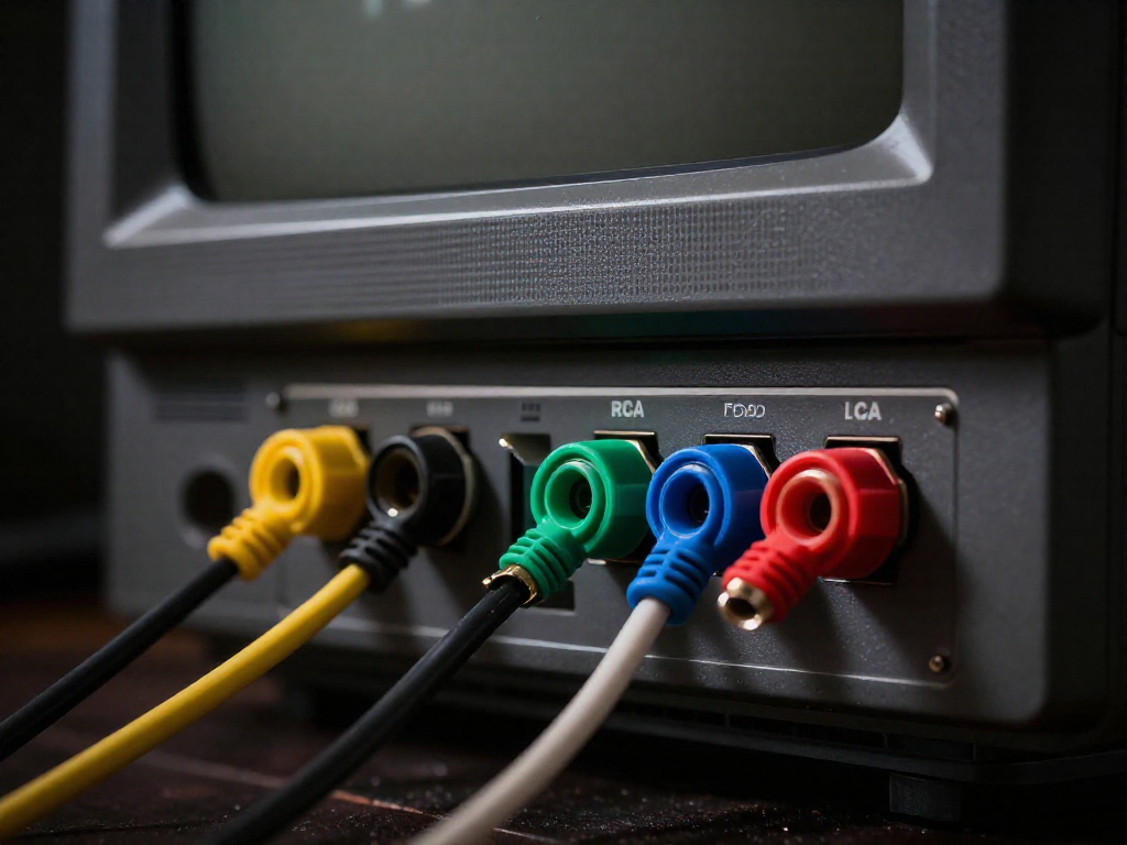 Close-up of the back of a CRT TV showing a row of colored input jacks including yellow composite, black S-Video, and red, green, blue component ports, with cables plugged in.