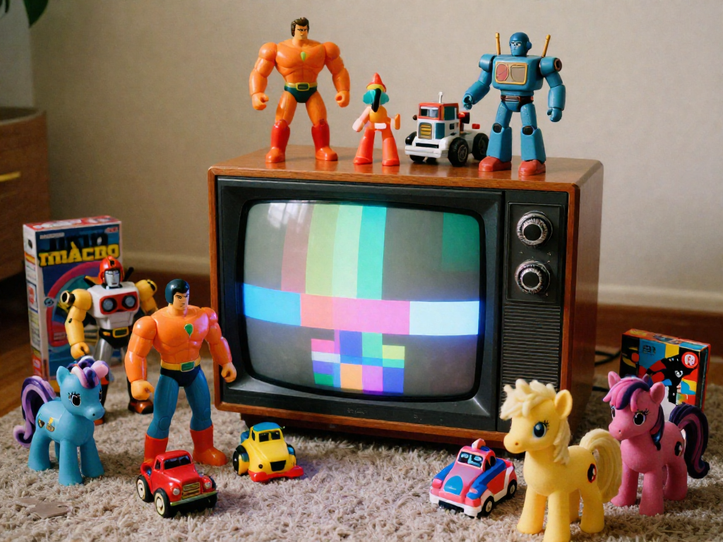 A collage of colorful 1980s-style toys including action figures, robots, and ponies arranged on and around a classic wood-paneled television set.