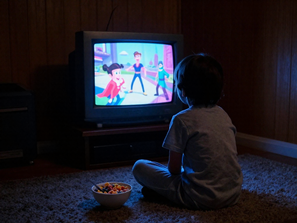 A child in pajamas sits on a shag carpet floor, watching a glowing CRT television with a bowl of cereal nearby, evoking a 1980s Saturday morning.