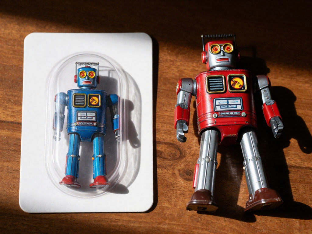 A side-by-side comparison of a mint action figure sealed on its original card next to a loose, played-with version of the same figure, highlighting condition differences for collectors.