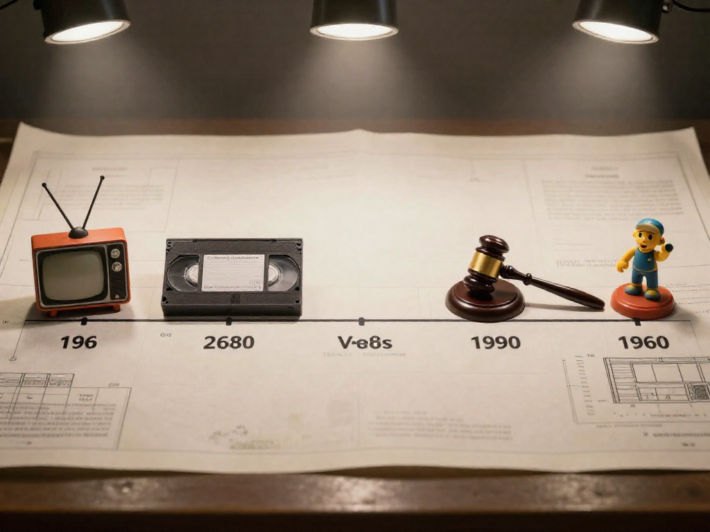 A visual timeline on a desk showing historical artifacts representing milestones in children's TV regulation, arranged from left to right.