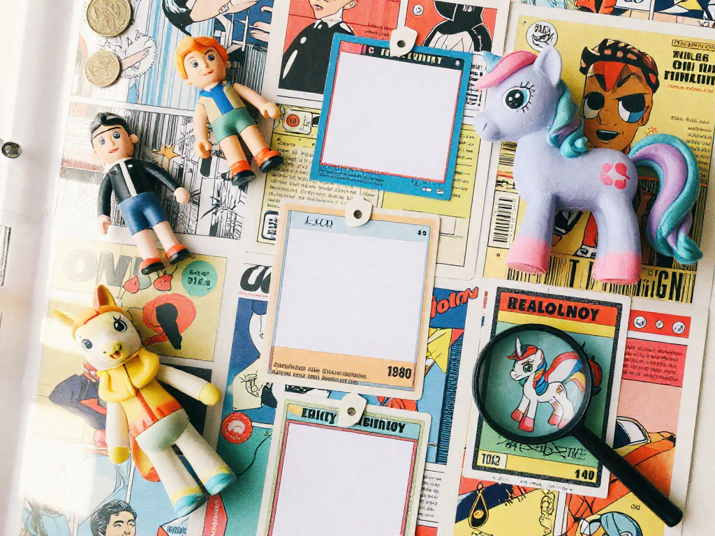 A top-down view of affordable vintage toys and cards arranged on a comic book, with small blank price tags, suggesting entry-level collecting.