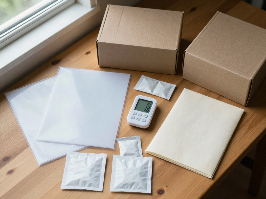 A top-down view of affordable collecting storage supplies including acid-free paper, plastic sleeves, silica gel, and a hygrometer on a wooden table.