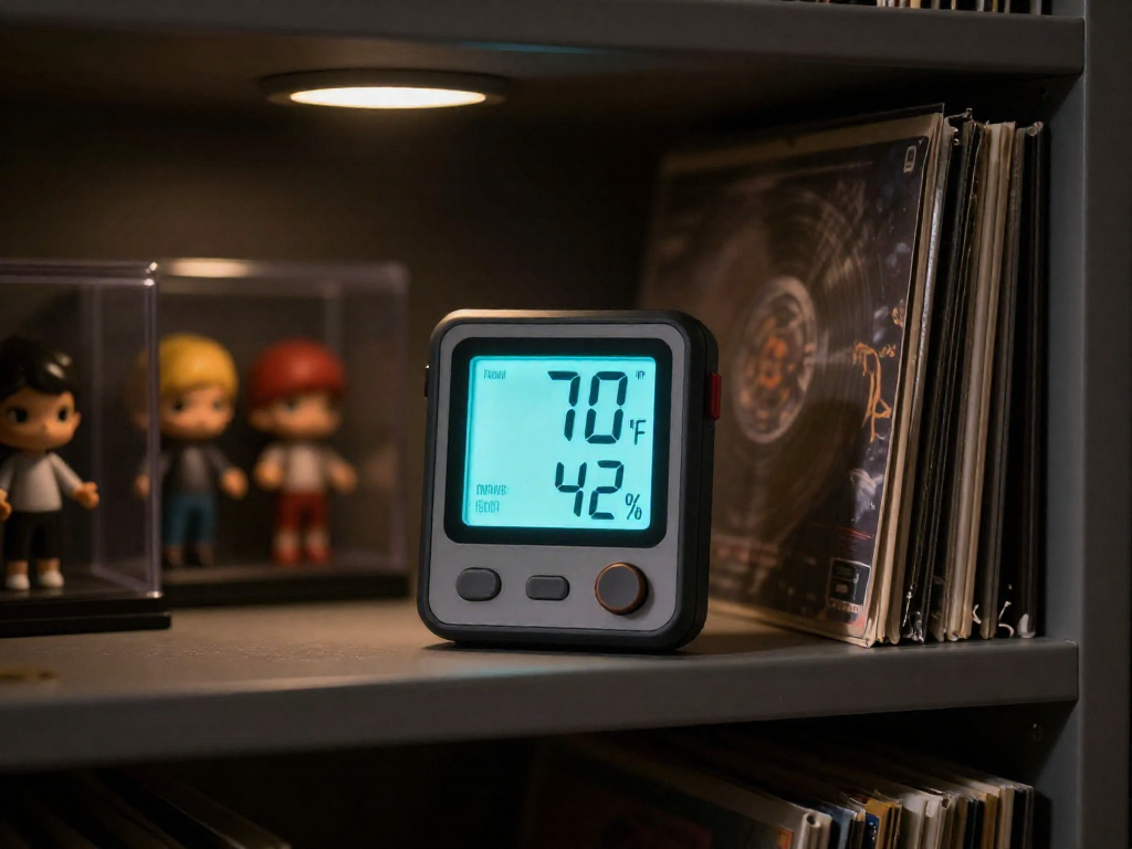 A close-up of a digital hygrometer showing ideal temperature and humidity inside a storage closet filled with collectibles.