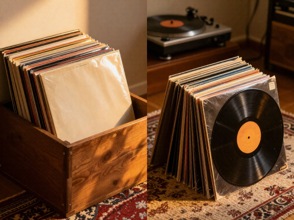 A comparison showing vinyl records correctly stored vertically in a crate next to a pile of records stacked horizontally and at risk of damage.