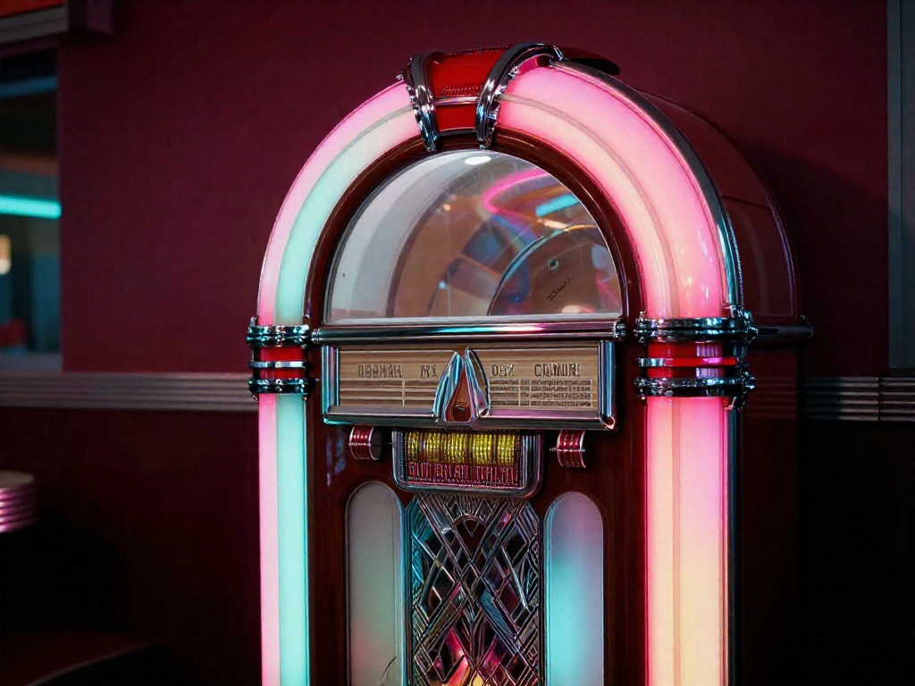 A vintage jukebox glowing with colorful neon light against a dark diner background.