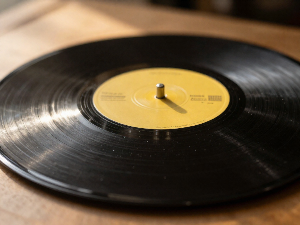 Close-up of a 45 RPM record showing the large center hole with a yellow adapter inserted.