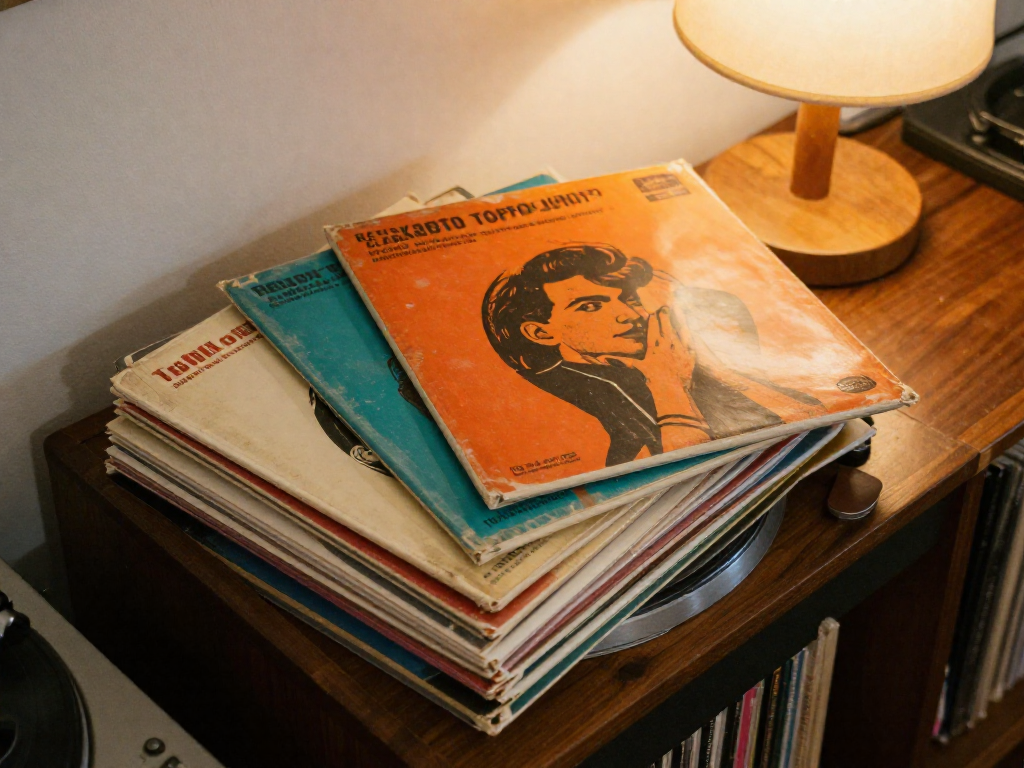 Stack of colorful 45 RPM singles in picture sleeves on a wooden surface under warm light.