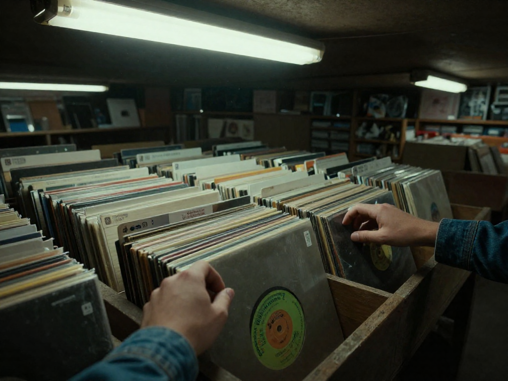 Hands flipping through a crate of 45 RPM records in a dimly lit record shop.
