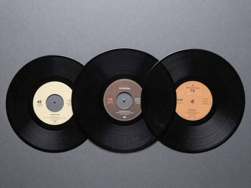 Overhead comparison of a 45, an LP, and a 78 RPM record showing size and design differences.