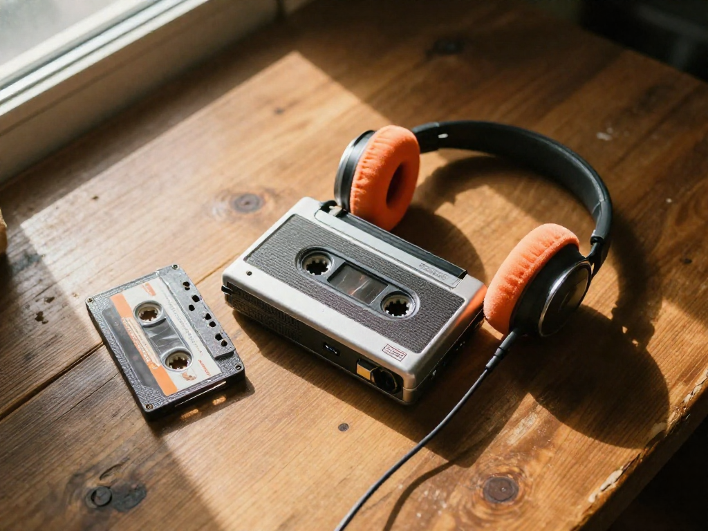 A vintage portable cassette player, a cassette tape, and foam headphones arranged on a wooden surface.