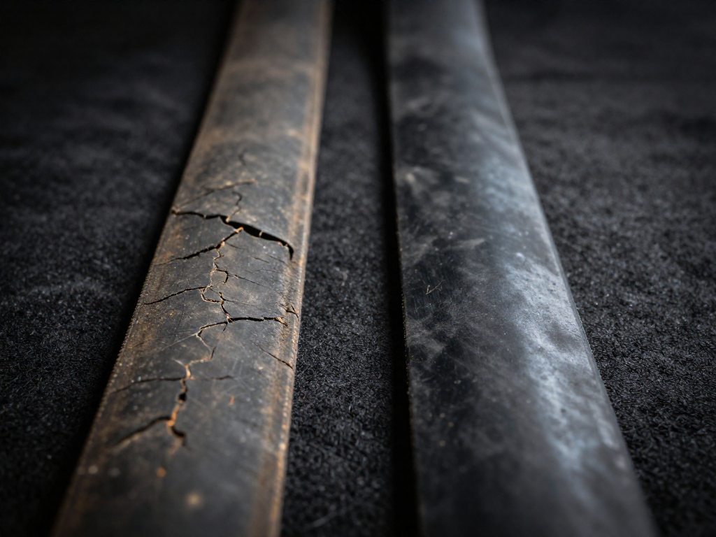 A close-up of a perished, cracked rubber belt next to a fresh replacement belt.
