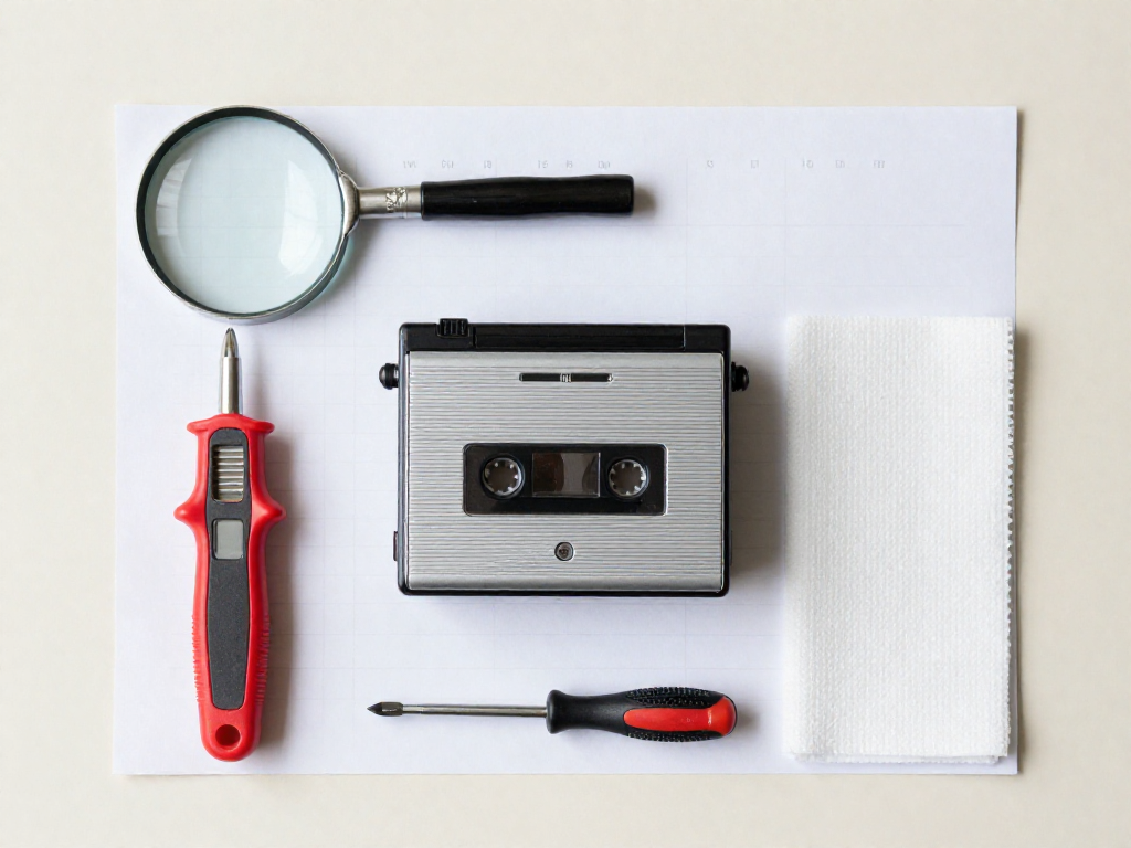 A flat-lay of inspection tools like a magnifying glass and battery tester surrounding a vintage cassette player.