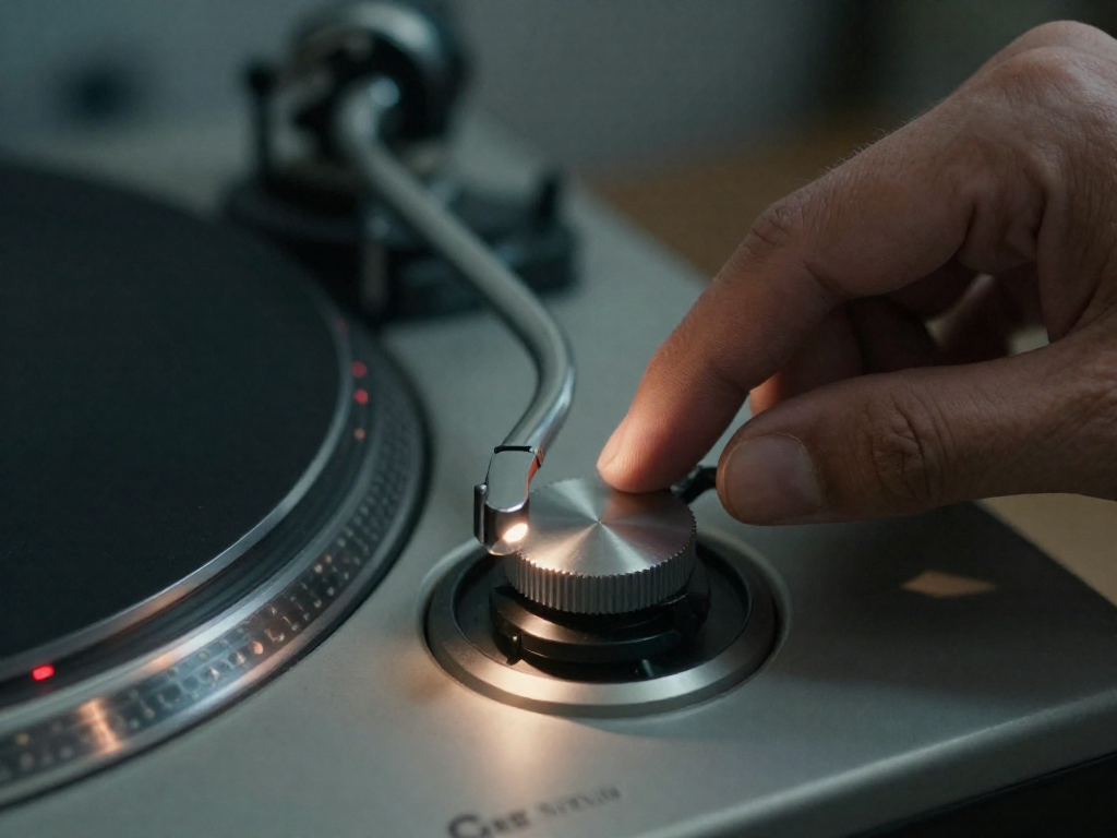 A hand adjusting the counterweight dial on a turntable tonearm, with the anti-skate knob slightly out of focus in the background.