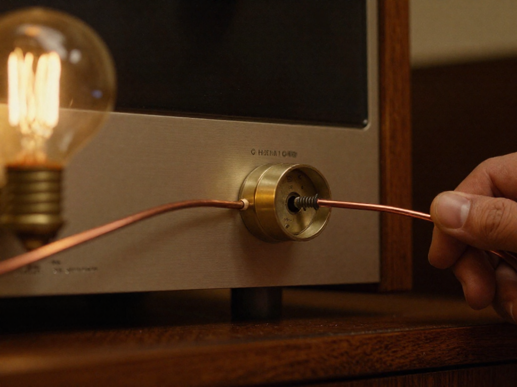 A thumb tightening a ground wire to the GND terminal on the back of a vintage stereo receiver, with warm lighting.