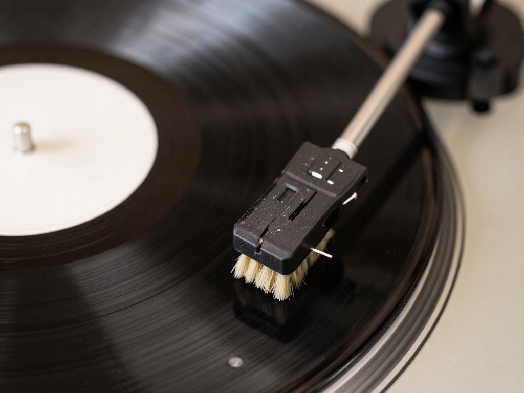 A close-up of a stylus being cleaned with a small brush on a black vinyl record.