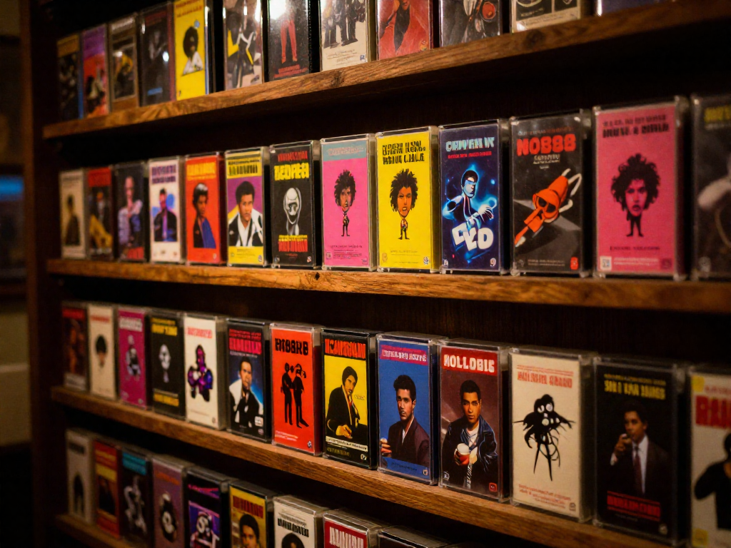 A wooden shelf displaying a collection of colorful VHS tape cases with retro artwork.