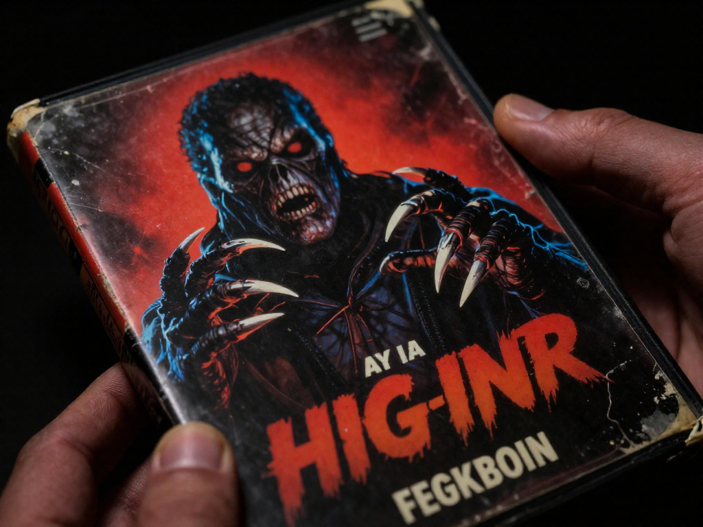 A close-up of a vintage VHS big-box cover showing a horror movie monster, with visible wear and tear.