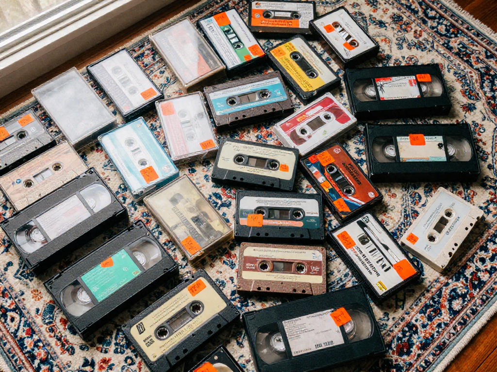 A top-down view of a pile of VHS tapes and cassettes with thrift store price stickers, showing a variety of retro covers.