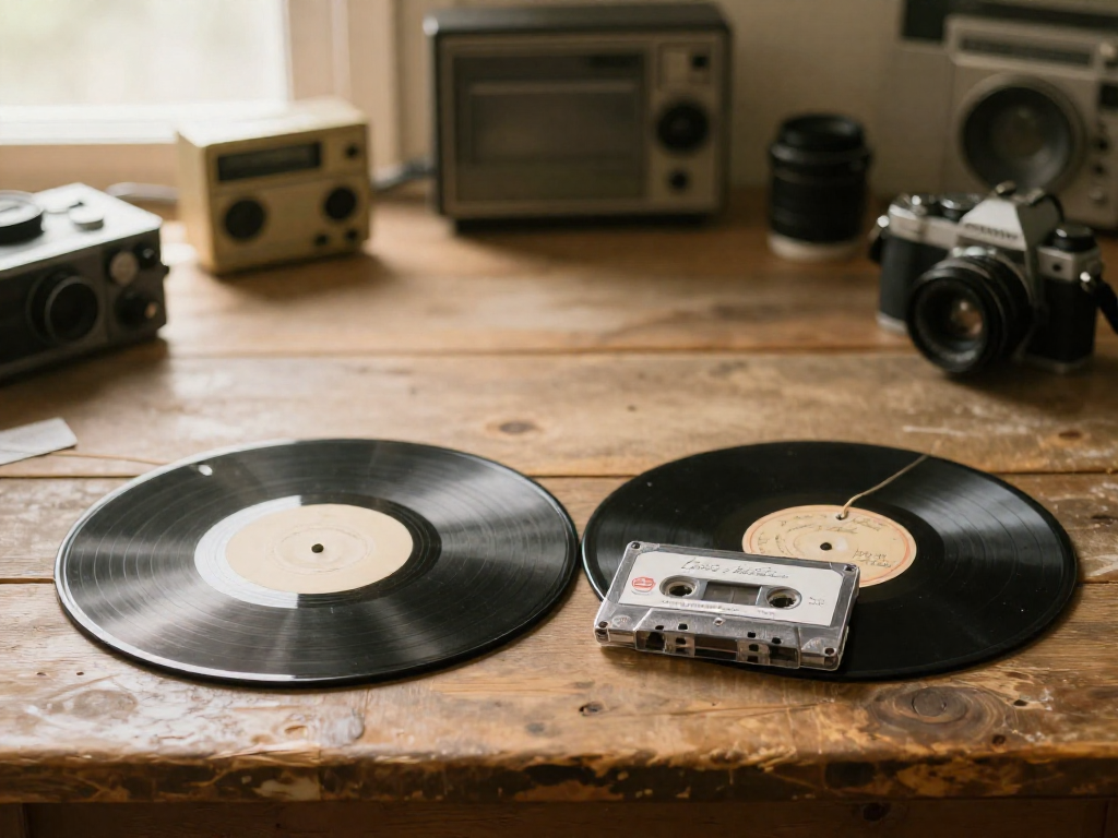 Vinyl record and cassette tape side by side on a wooden surface with price tags.