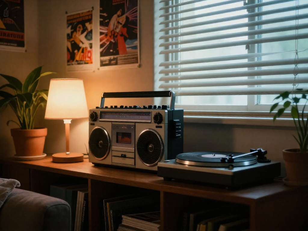 Vintage boombox and a turntable on a shelf in a cozy retro room.