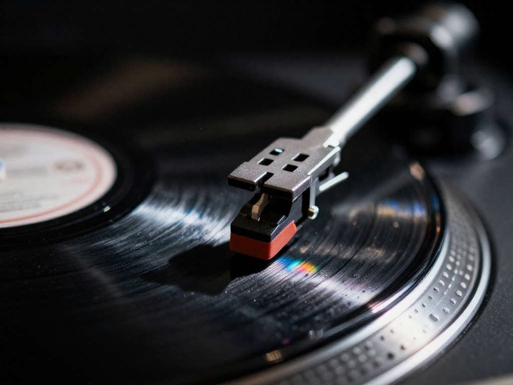 Close-up of a turntable needle on the spinning grooves of a vinyl record.