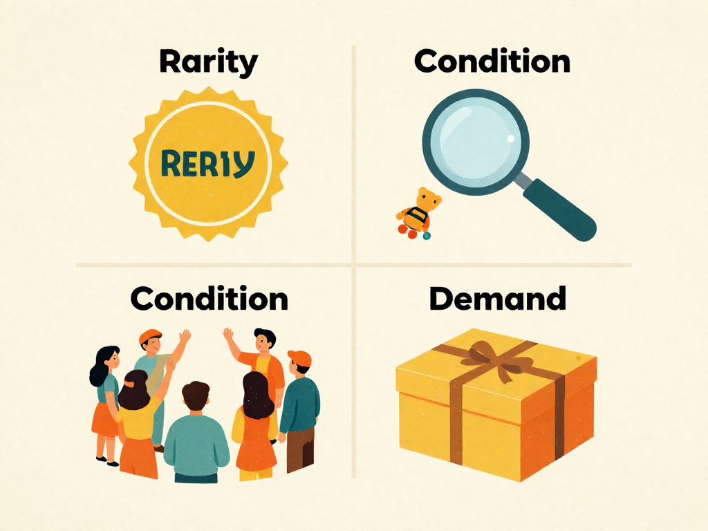 A retro-styled infographic with four illustrated sections representing rarity, condition, demand, and packaging without any text.