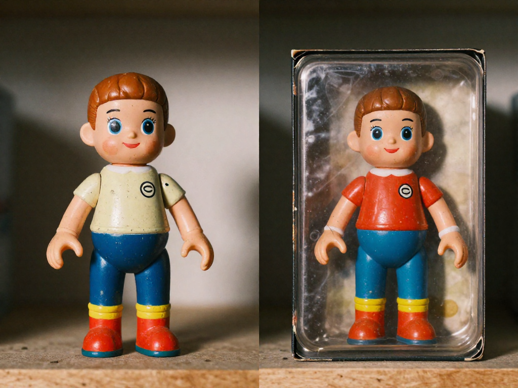 A side-by-side comparison of a worn loose action figure and the same figure in a pristine sealed box.