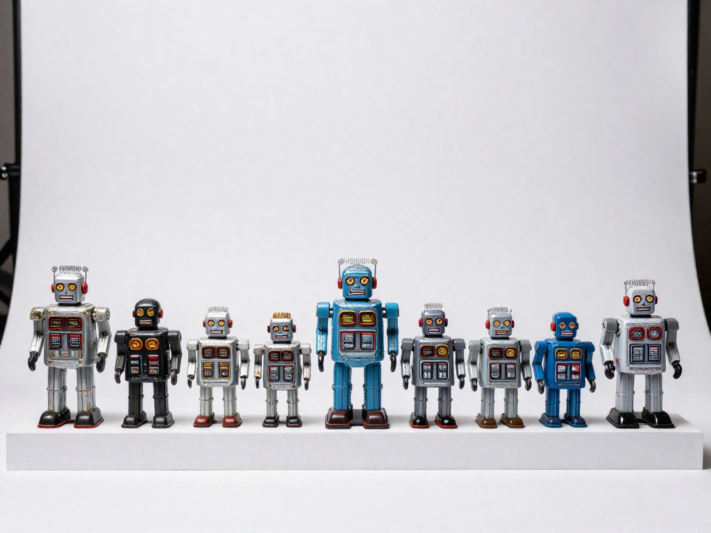 A lineup of toy robots showing a grading scale from heavily damaged on the left to pristine sealed on the right.