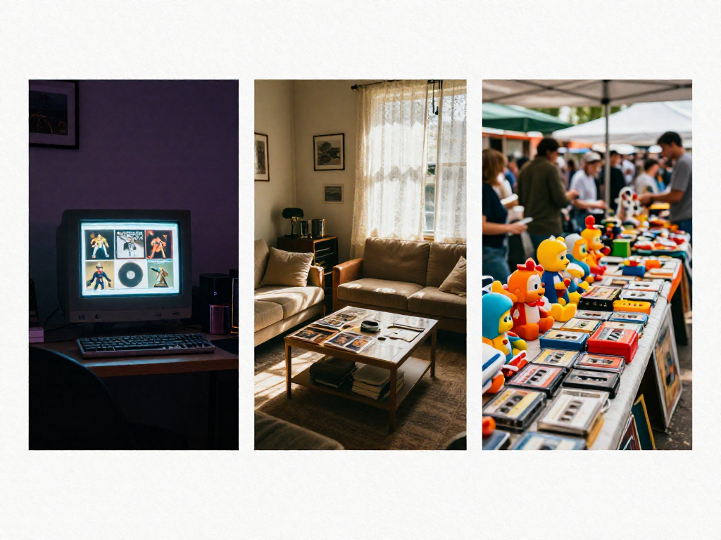 Side-by-side visual comparison showing a retro computer set-up, a cozy estate sale living room, and a busy flea market table.