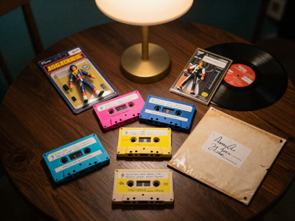 Overhead view of retro collectibles including cassettes, an action figure, and a vinyl record with small price tags on a wooden surface.