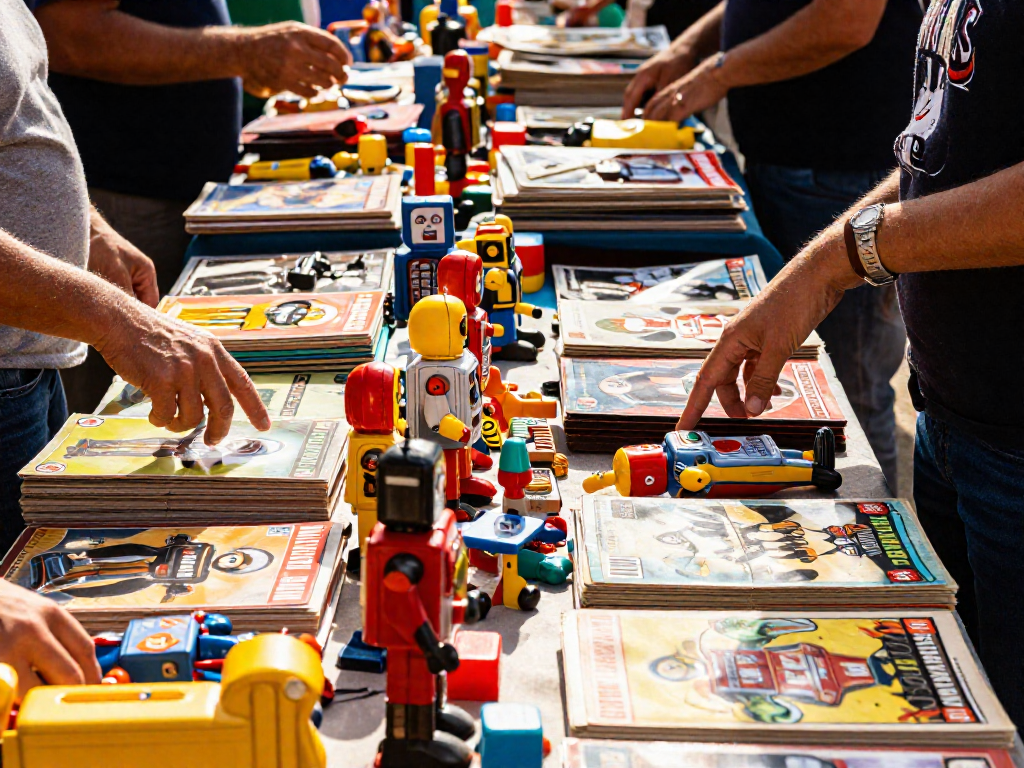 A bustling flea market table filled with vintage toys, with hands reaching in to browse.