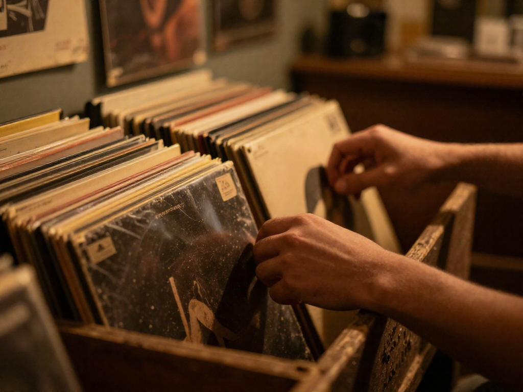 A person's hands flipping through old vinyl records inside a crate, surrounded by warm, golden light.