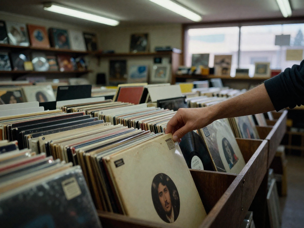 A hand reaching into a bin full of assorted vinyl records at a thrift store, with soft, mixed lighting.