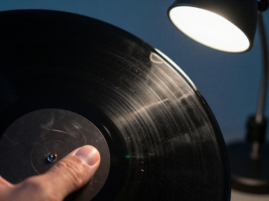A close-up of a hand tilting a vinyl record under a lamp, showing the surface details and grooves.