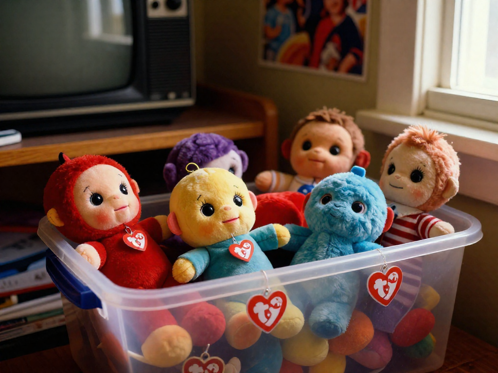 A plastic bin full of colorful Beanie Babies with heart-shaped tags in protectors, on a wooden shelf in a 1990s room.
