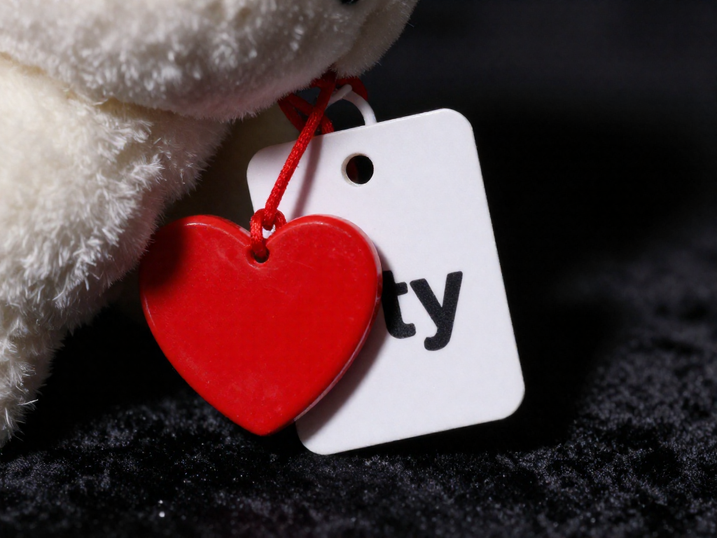 Close-up of a red heart-shaped Ty swing tag and a white tush tag on a plush toy, with a protective plastic cover.