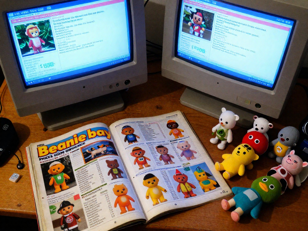 A 1998 price guide magazine and a vintage computer monitor showing an eBay auction for Beanie Babies, surrounded by toys.