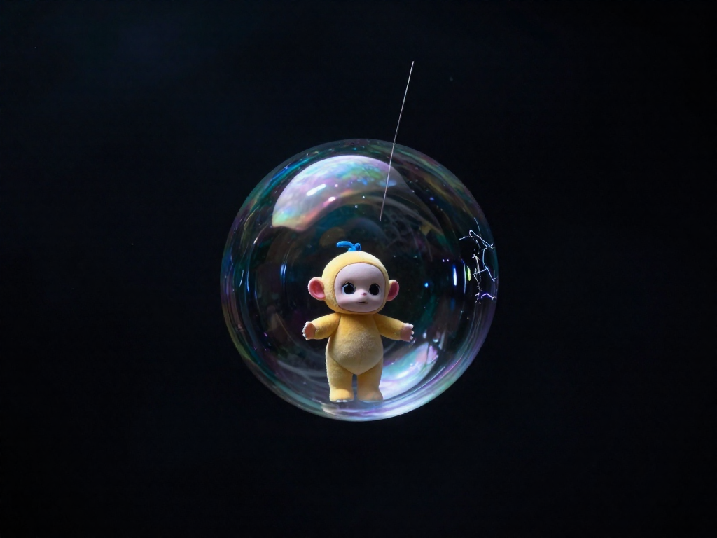 A soap bubble with a small Beanie Baby toy inside, stretched and about to pop, against a dark background.