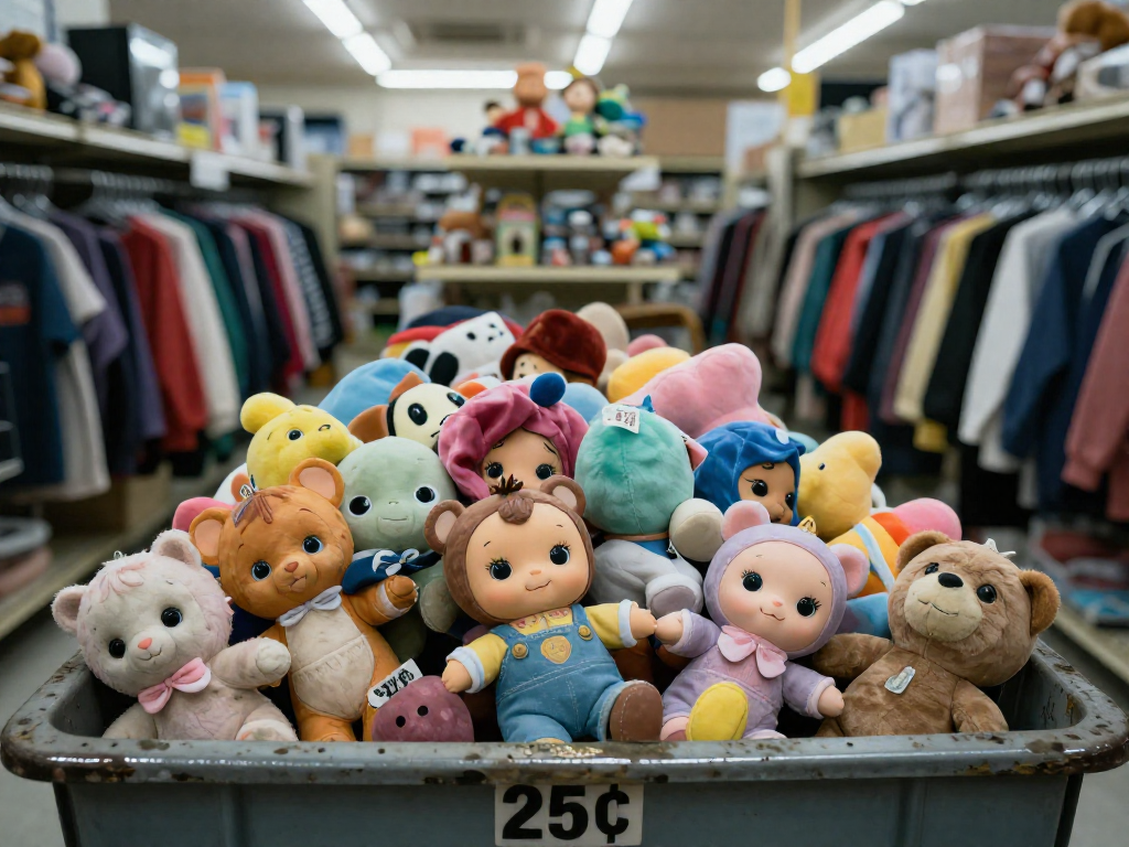 A bin full of worn Beanie Babies in a thrift store, with a 25-cent price tag on the bin.