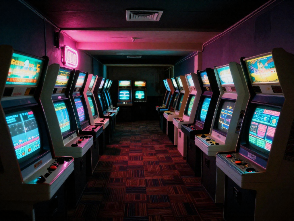 A dimly lit 1980s arcade corridor with rows of glowing game machines and neon lights.