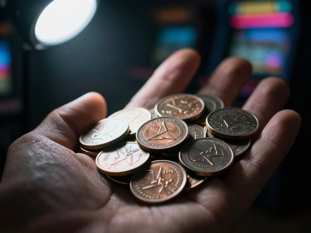 Close-up of a hand holding a mixture of shiny arcade tokens and quarters in dramatic light.