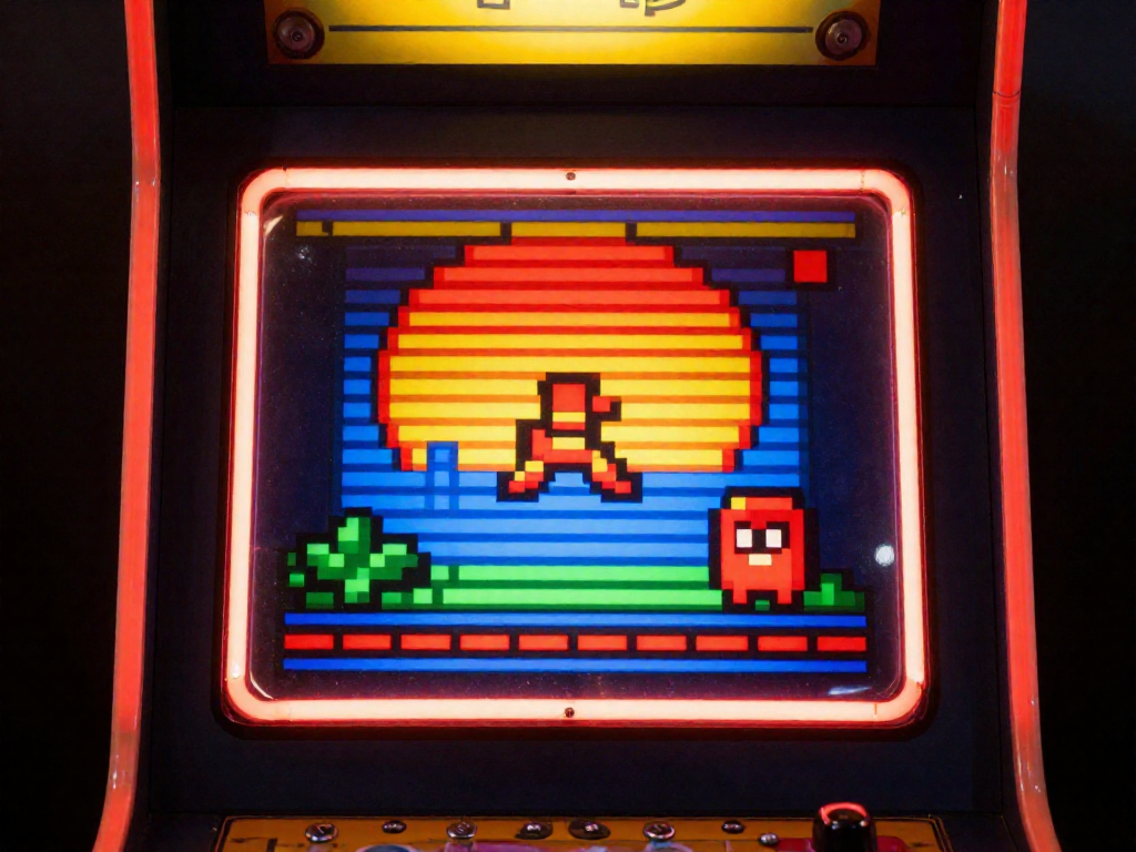 Close-up of a glowing vintage arcade machine marquee with colorful retro game art.