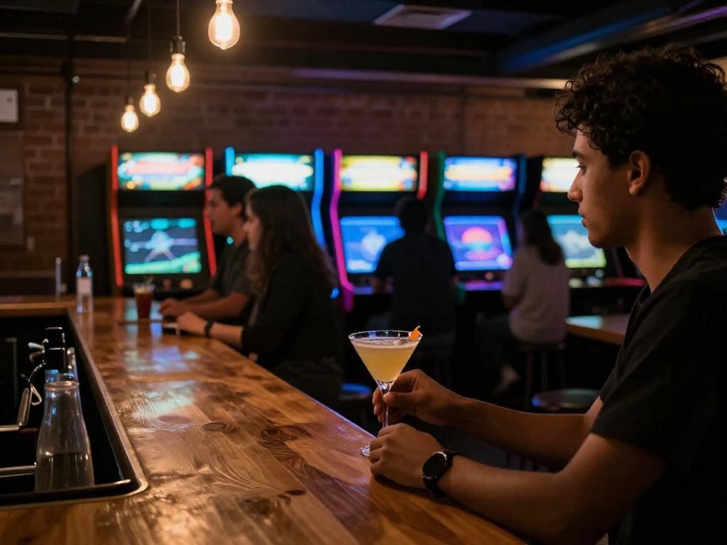 People playing arcade games in a dimly lit barcade, one holding a drink, with warm lighting and glowing screens.