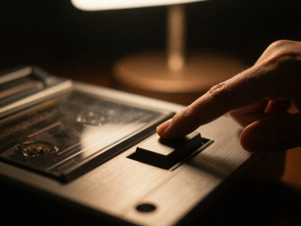 Close-up of a hand pressing the play button on a vintage cassette deck with a tape loaded.